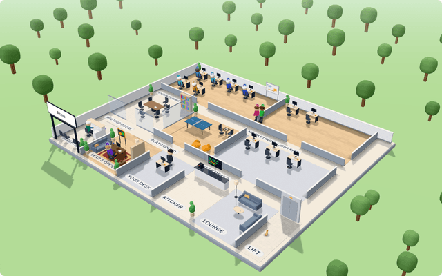 The Neeurn virtual office: AI teammates at their desks, a meeting room, a kitchen and a playground, rendered in 3D.