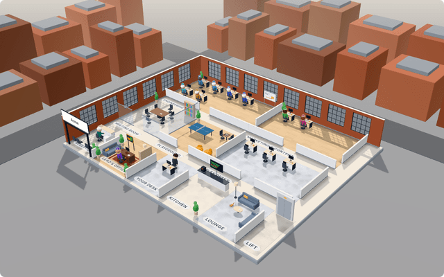 The Neeurn virtual office: AI teammates at their desks, a meeting room, a kitchen and a playground, rendered in 3D.