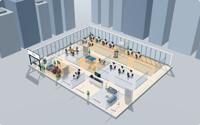 The Neeurn virtual office: AI teammates at their desks, a meeting room, a kitchen and a playground, rendered in 3D.